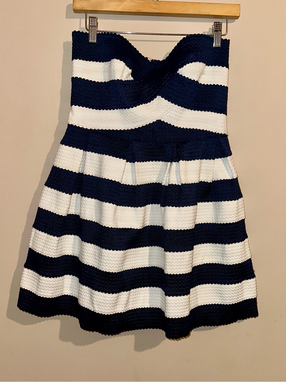 Navy and White Strapless Stripe Skater Dress